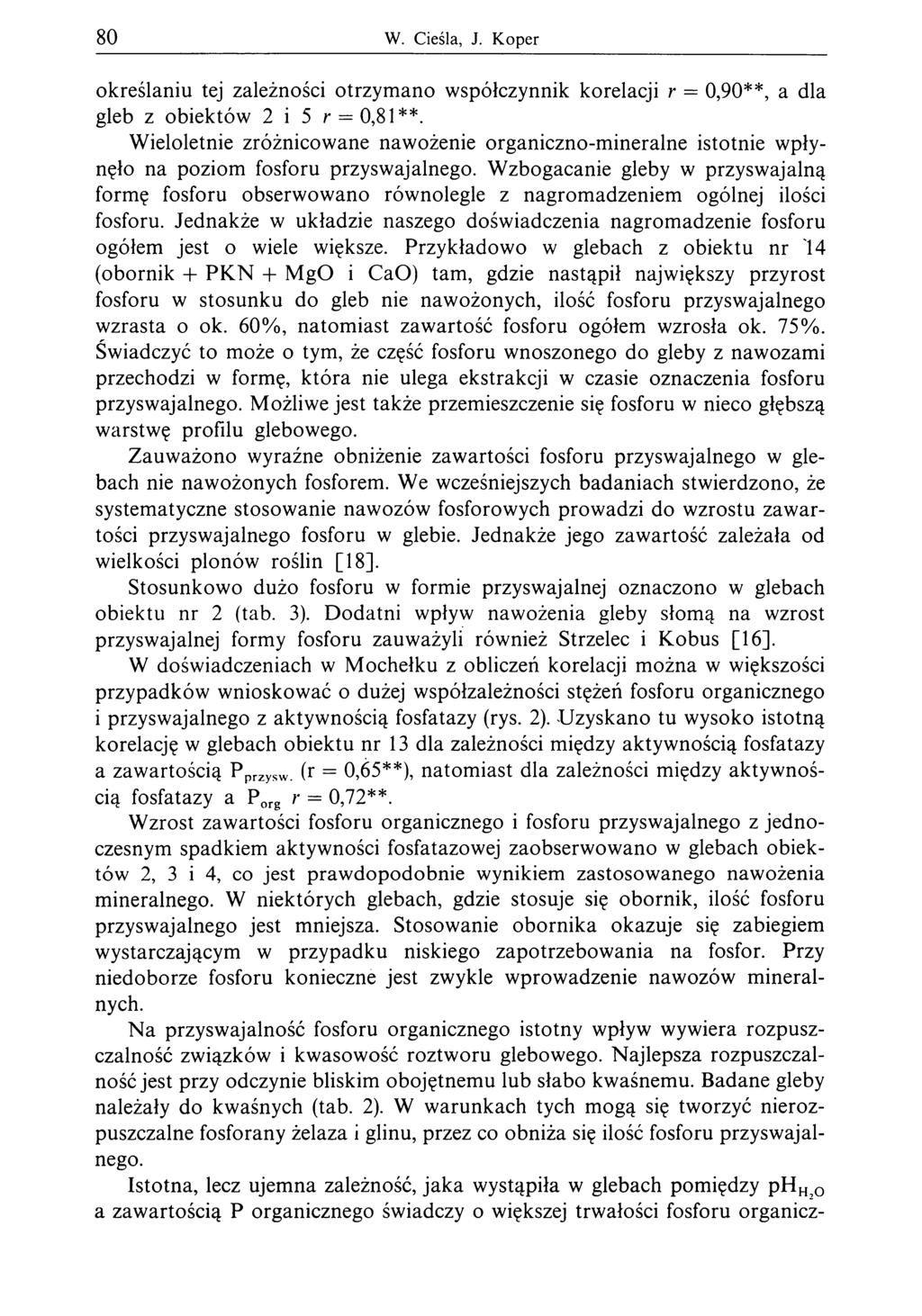 80 W. Cieśla, J. Koper określaniu tej zależności otrzymano współczynnik korelacji r = 0,90**, a dla gleb z obiektów 2 i 5 r = 0,81**.