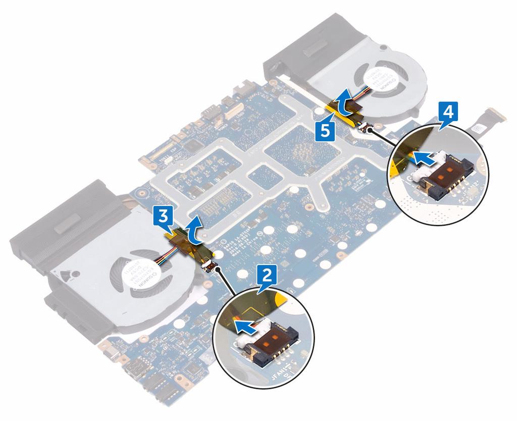 3 Odklej taśmę mocującą kabel wentylatora do płyty systemowej. 4 Odłącz kabel wentylatora od płyty systemowej. 5 Odklej taśmę mocującą kabel wentylatora do płyty systemowej.
