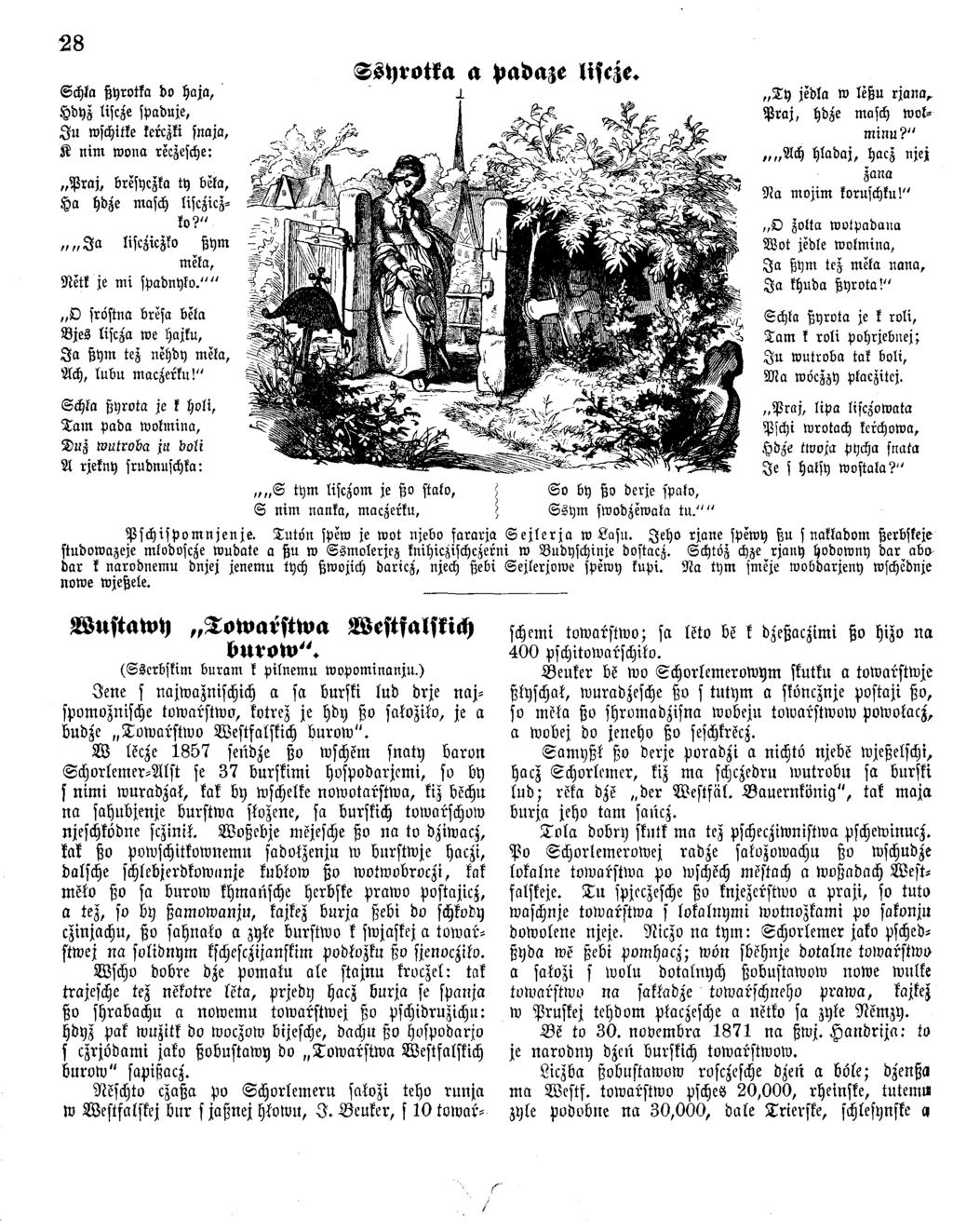 28 Schta ßyrotka do haja, Hdyz liscze spaduje, J u wschitke kerczki snaja, K nim wona reczesche: P ra j, bresyczka ty bua, Ha hdze masch liscziczko?" J a liscziczko ßym meta, Nett je mi spadnyto.