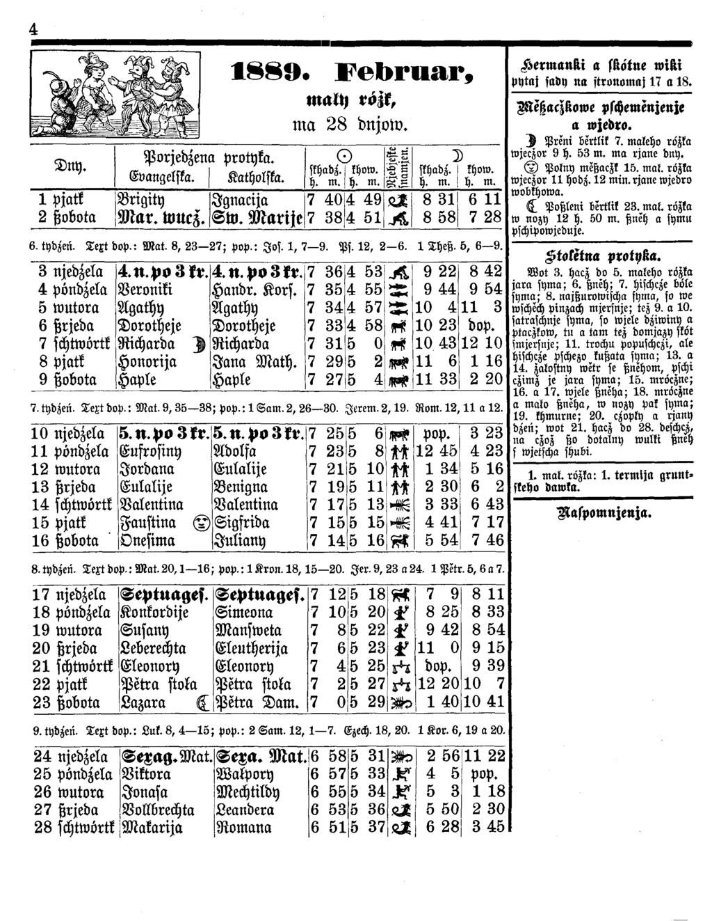 4 Dny. 1 pjatk 2 ßobota Porjedzen a protyka. Evangelska. Katholska. 188S. Februar, m ach rözk, ma 28 dnjow. flhad^. h. m. Brigity Mar. wucz. Jgnacija Sw. Marije 7 40 7 38 C ) khow. h. m. 4 49 4 51 t i I I ) flh ad z / khow.
