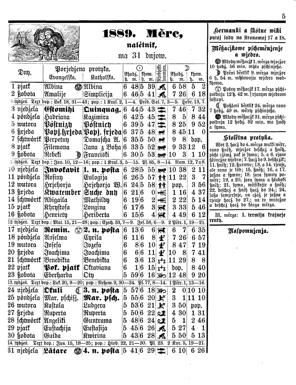 Dny. Porjedzen a protyka. E vangelska. Katholska. 1889. Mĕrc, naletnik, ma 31 dnjow. c D skhadz. khow. h. m. h. m. # ä l o g S ä ) fthadz.' khow. h. m. h. nt.
