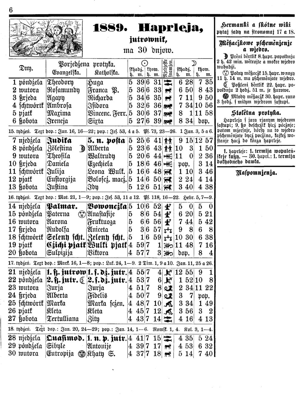 6 Dny. 1 pöndzela 2 wutora 3 ßrjeda 4 schtwörtk 5 pjatk 6 ßobota Porjedzena protyka. E vangelska. K atholska. Theodory Rosamundy Agapy Ambrosa Maxima Jreneja 1 8 8 9. H a p r l c j a, Huga Franca P.