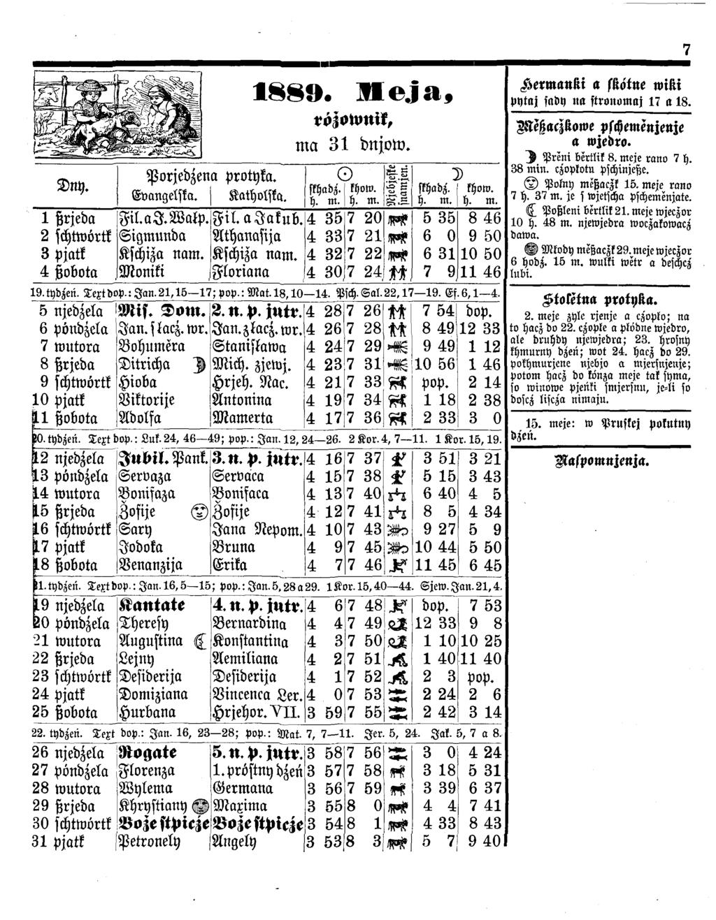 Dny. 1 ßrjeda 2 schtwörtk 3 pjatk 4 ßobota Porjedzen a protyka. Evangelska. Katholska. Fil.aJ.WalP. Sigmunda Kschiza nam. Moniki 1 8 8». M e j a, Fil. ajakub. Athanasija Kschiza nam.