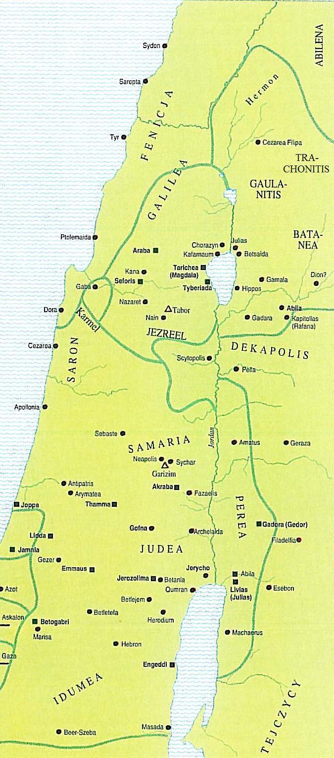 Palestyna w czasach Jezusa Źródło: Atlas Biblijny, Towarzystwo Biblijne w Polsce, Warszawa 1995, s. 46. C8. Zamieszczona poniżej mapa przedstawia Palestynę w czasach Jezusa.
