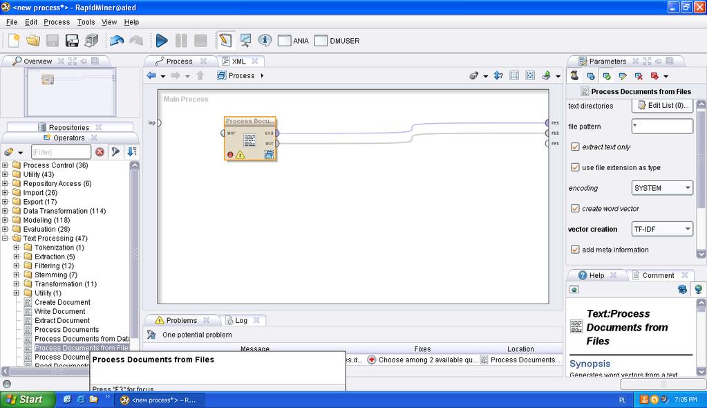 Zamieść operator Process Documents from File Ustal parametry operatora Process Documents from File.