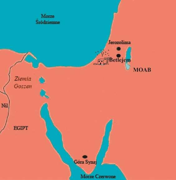 ZADANIE 1. Noemi powróciła z Moabu do Betlejem. Odszukaj na mapie ziemię Moab i miasto Betlejem i zaznacz odległość między nimi.