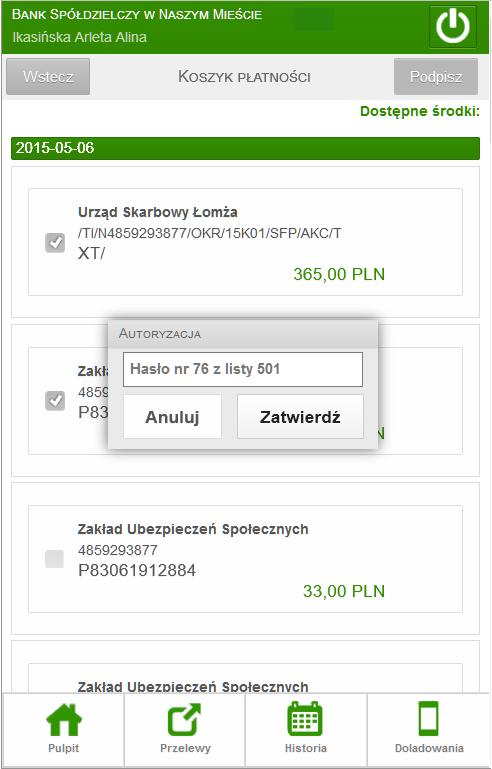 Rys. 17. Koszyk płatności 7.4.4. Przelew Podatkowy Z listy rachunków wybierz rachunek, z którego chcesz wykonać przelew do Podatkowy.