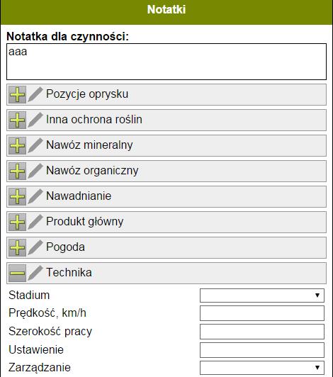 W oknie notatek możemy wpisać notatki dla czynności lub produktu możemy wpisać w oknie własne notatki lub wybrać z list rozwijanych informację, którą chcemy zamieścić Filtrowanie