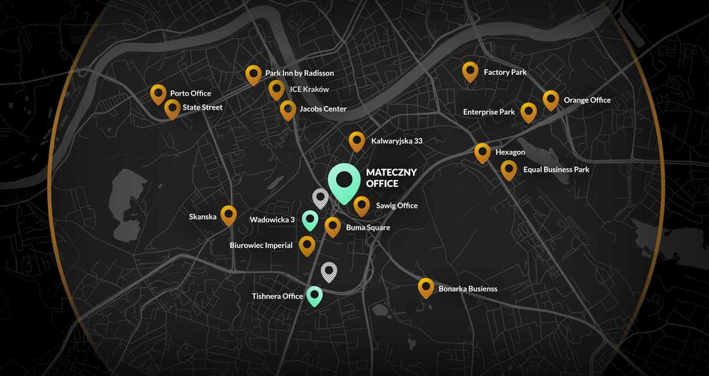 Biznesowe centrum okolicy Dzięki swojej lokalizacji MATECZNY OFFICE stanowić będzie swoiste centrum biznesowej aglomeracji południowej części Krakowa.