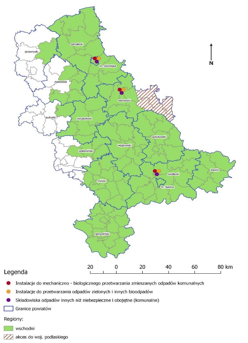 Region wschodni CHARAKTERYSTYKA REGIONU Deficyt mocy przerobowych do zagospodarowania odpadów zielonych i innych bioodpadów, Deficyt wolnej pojemności do składowania (w perspektywie długoterminowej),