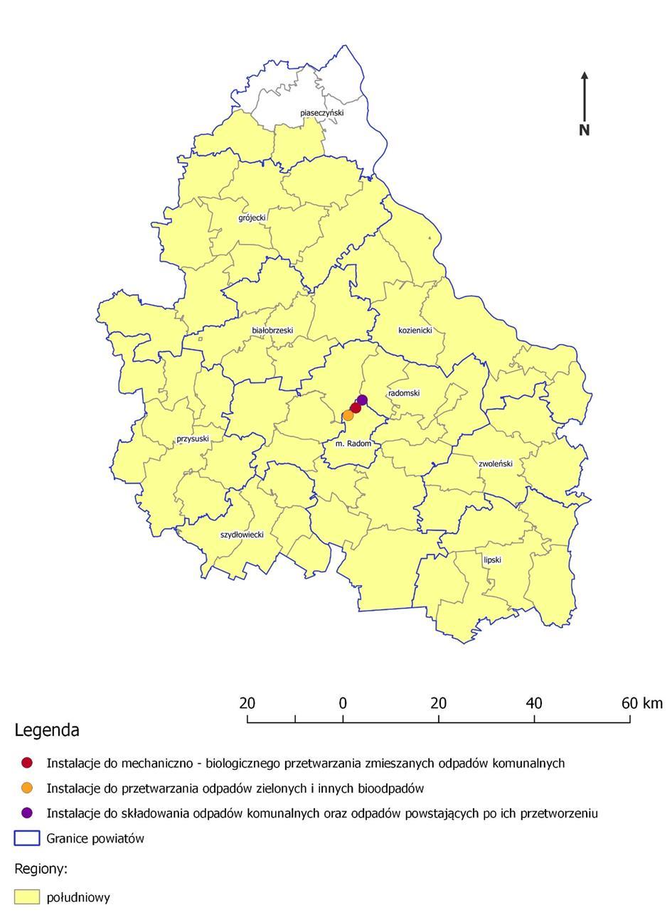 Region południowy CHARAKTERYSTYKA REGIONU Deficyt mocy przerobowych do zagospodarowania odpadów zielonych i innych bioodpadów, Konieczność modernizacji funkcjonujących w regionie instalacji,