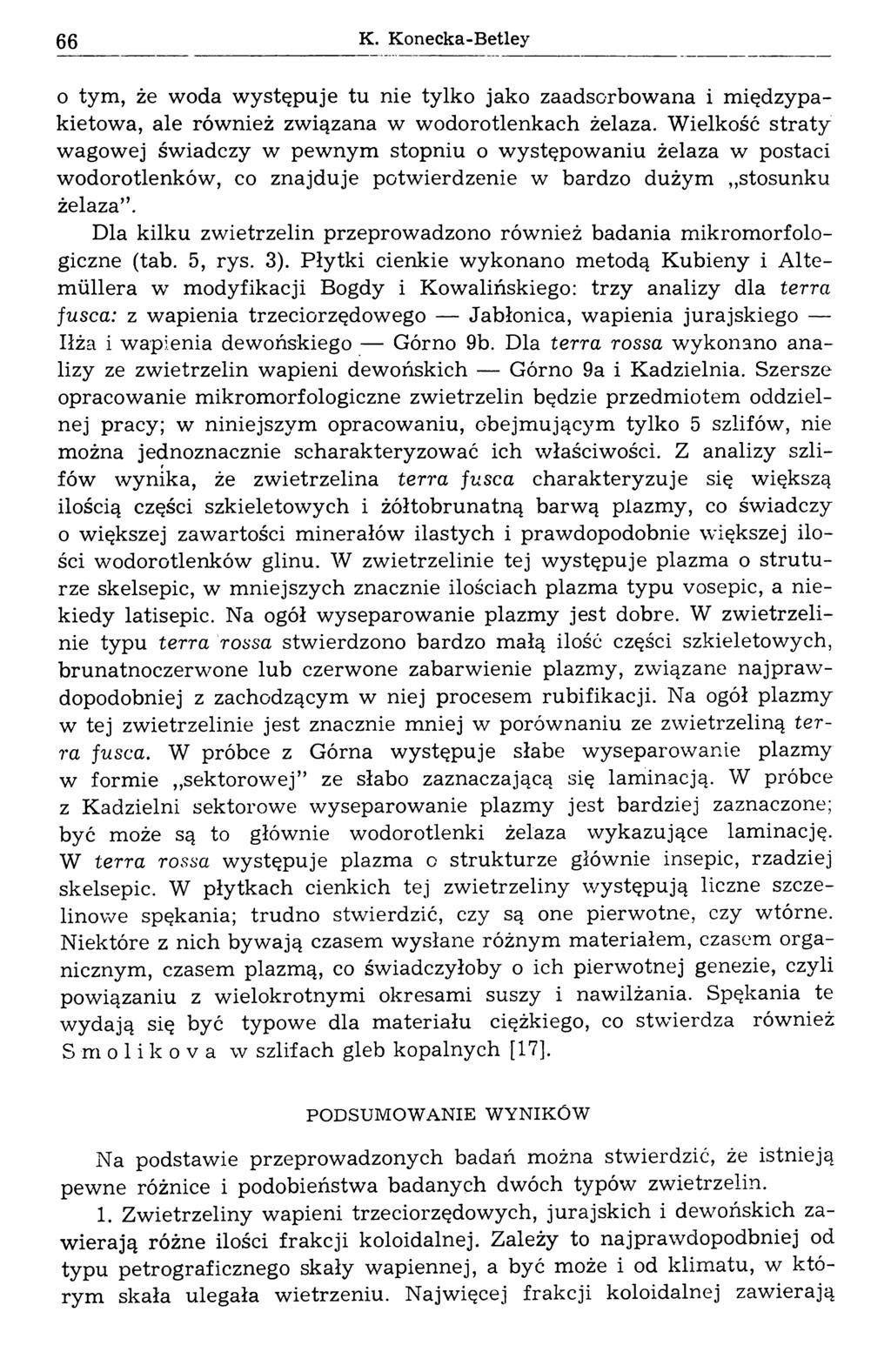 66 K. Konecka-Betley o tym, że woda występuje tu nie tylko jako zaadscrbowana i międzypakietowa, ale również związana w wodorotlenkach żelaza.