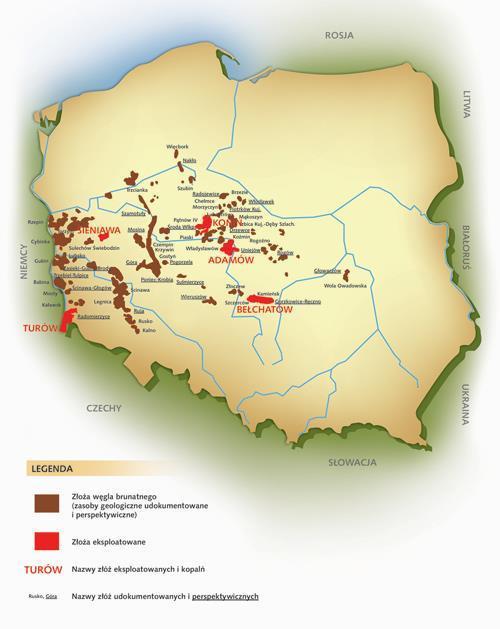 Rysunek 4. Rejony występowania węgla brunatnego w Polsce Źródło: Kasiński J., R. Mazurek S., Piwocki M., 2006: Waloryzacja i ranking złóż węgla brunatnego Polsce.