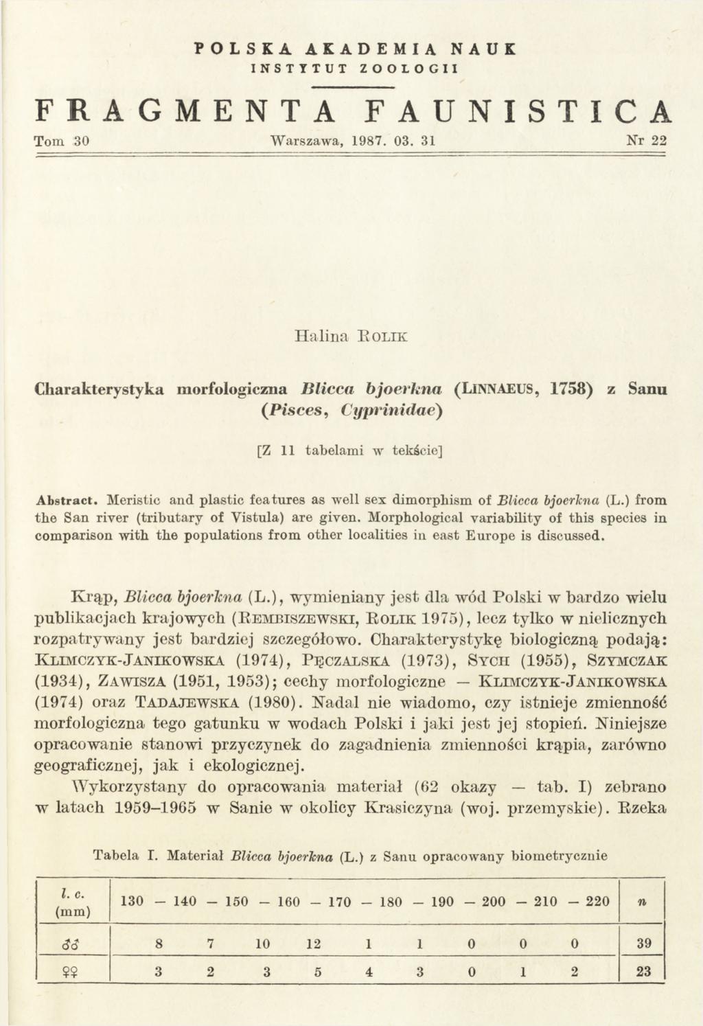 POLSKA AKADEMIA NAUK INSTYTUT ZOOLOGII FRAGMENTA FAUNISTICA Tom 30 Warszawa, 1987. 03.