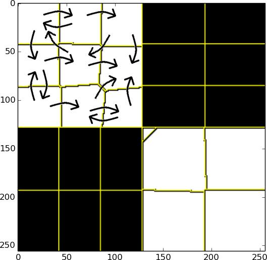 + Obrázek 2.2: Segmentace použitím odkazů. stejné oblasti. Ukazatel v n-tém řádku může ukazovat na n-tý superpixel, tedy sám na sebe.