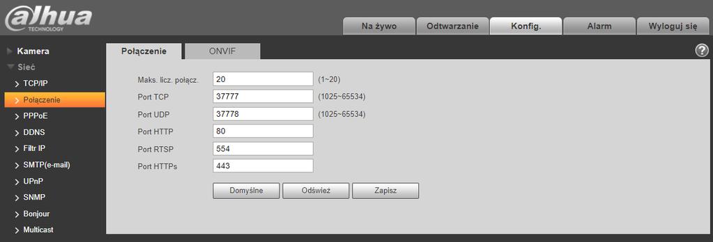 Każda kolejna kamera powinna posiadać inny numer portu zewnętrznego w polu Od Portu z sieci WAN, np. następny jeszcze niewykorzystany port.