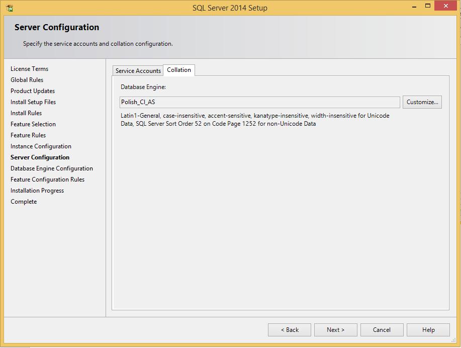 Należy upewnić się, że Colattion Database Engine () ustawiony jest na Polish_CI_AS.