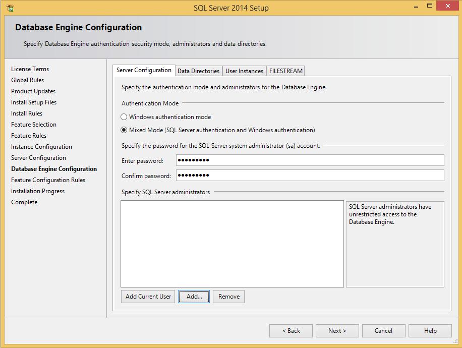 3 4 W zakładce Database Engine Configuration -> Server Configuration należy zmienić Authentication Mode () z Windows authentication mode na Mixed Mode (SQL Server authentication and Windows