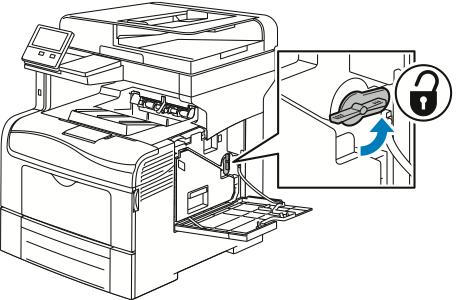 Aby odblokować pojemnik na zużyty toner, obróć