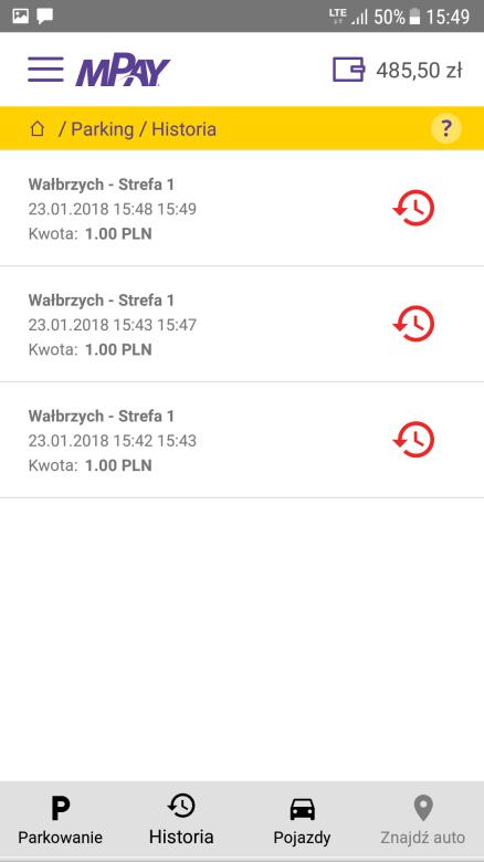 HISTORIA TRANSAKCJI WSZYSTKIE TRANSAKCJE ZA PARKOWANIE DOSTĘPNE