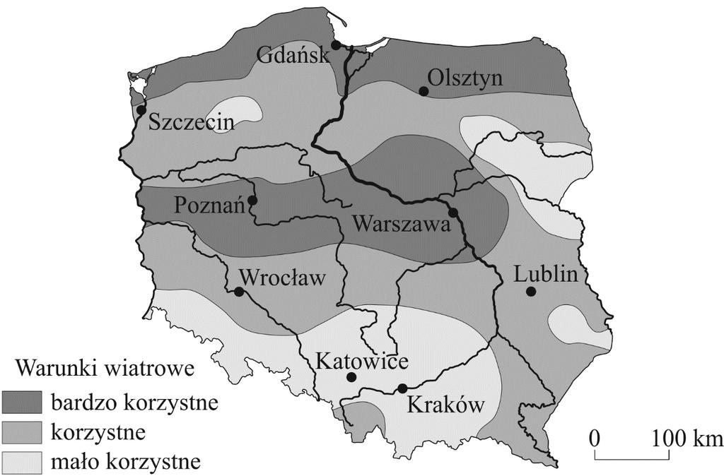 Zadanie 20. (0 1) Na mapie przedstawiono informacje o warunkach wiatrowych w Polsce dla rozwoju farm wiatrowych. Dokończ zdanie. Zaznacz poprawną odpowiedź.