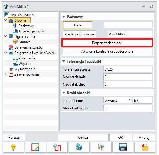 Rysunek 8 Parametry operacji Volumil 2X zakładka "Główne" Ekspert Technologii: Dostęp do narzędzia Ekspert Technologii (biblioteka parametrów).