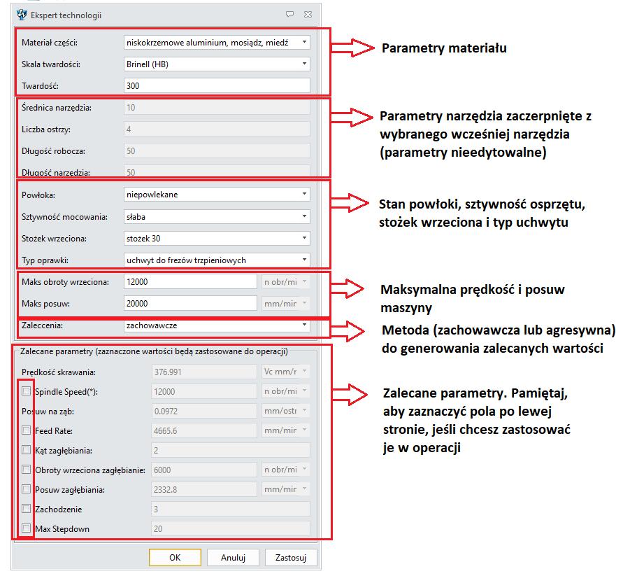 Rysunek 9 Ekspert Technologii Zalecane parametry można ponownie zdefiniować za pomocą okna "Aktywna kontrola grubości wióra".