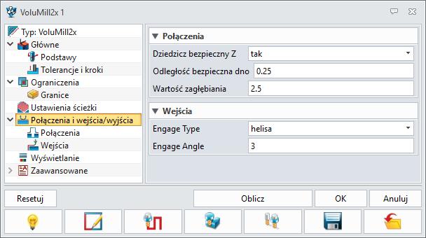 Rysunek 14 Parametry operacji VoluMill zakładka Połączenia i wejścia/wyjścia Dziedzicz bezpieczny Z: Określ, czy użyć tej samej wysokości prześwitu, co wysokość ogólna, czy nie.