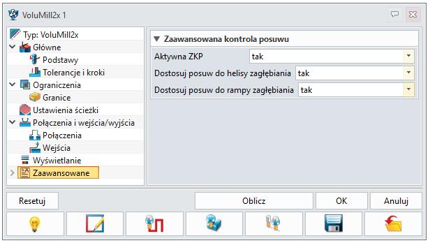 Rysunek 16 Parametry operacji VoluMill zakładka zaawansowane Aktywna ZKP: Określ, czy zastosować automatyczne sterowanie posuwem (Zaawansowana kontrola posuwu), czy nie.