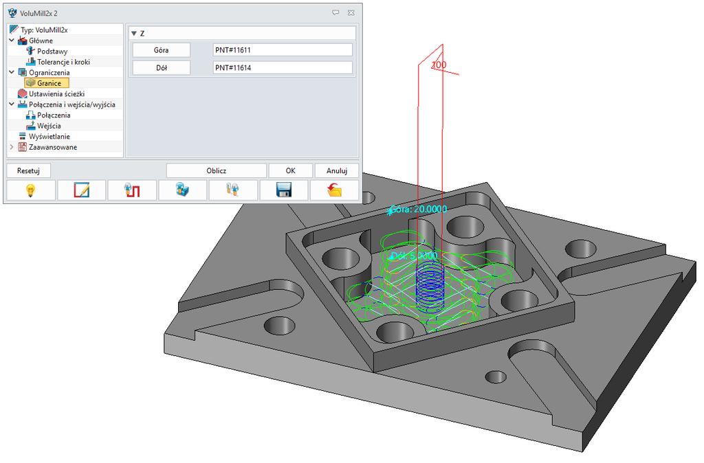 VoluMill 3X Rysunek 18 Parametry góra i dół w obróbce VoluMill VoluMill 3X Cechy dodawane do operacji Zwykle, do wygenerowania ścieżek narzędzia 3X VoluMill, niezbędna jest zarówno część, jak i
