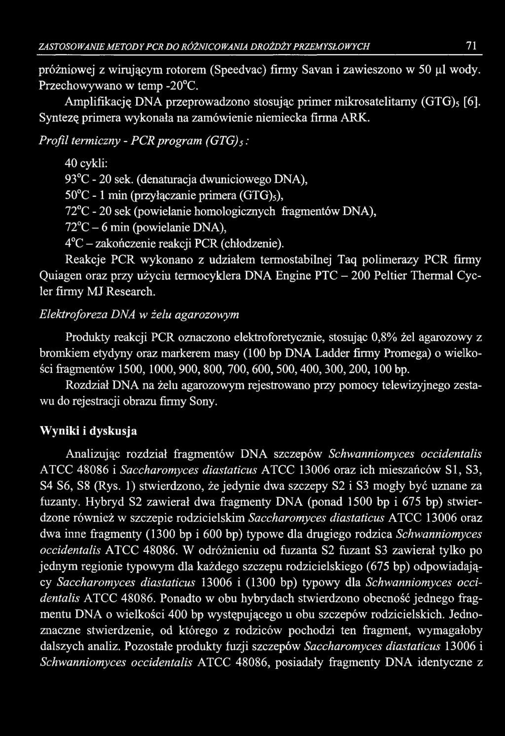 ZASTOSOWANIE METODY PCR DO RÓŻNICOWANIA DROŻDŻY PRZEMYSŁOWYCH 71 próżniowej z wirującym rotorem (Speedvac) firmy Savan i zawieszono w 50 μΐ wody. Przechowywano w temp -20 C.