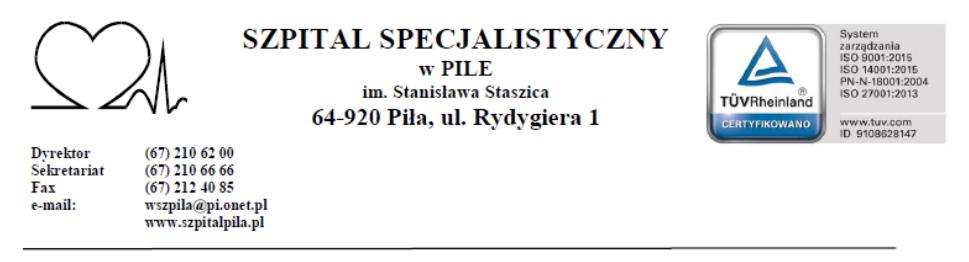 Piła, 13 grudnia 2018 r. NO-ZP.VII-240/45/18/ZO ZAPYTANIE OFERTOWE SPRZĘT MEDYCZNY JEDNORAZOWEGO UŻYTKU 1. Zamawiający Szpital Specjalistyczny w Pile im. Stanisława Staszica 64-920 Piła, ul.