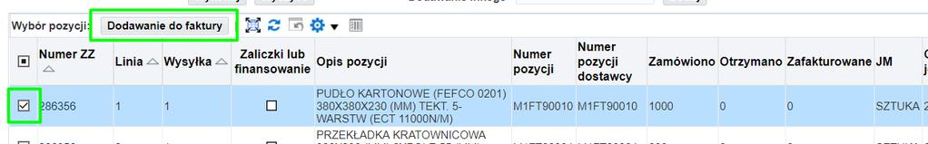 Zaznaczona linia zostanie dodana do pozycji zamówień zakupu