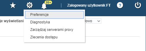 1.3. Ustawienia preferencji Aby przejść do ustawień preferencji należy skorzystać w ikony ustawień w prawym górnym rogu strony Aby zmienić język systemu należy wybrać go z rozwijanej listy a