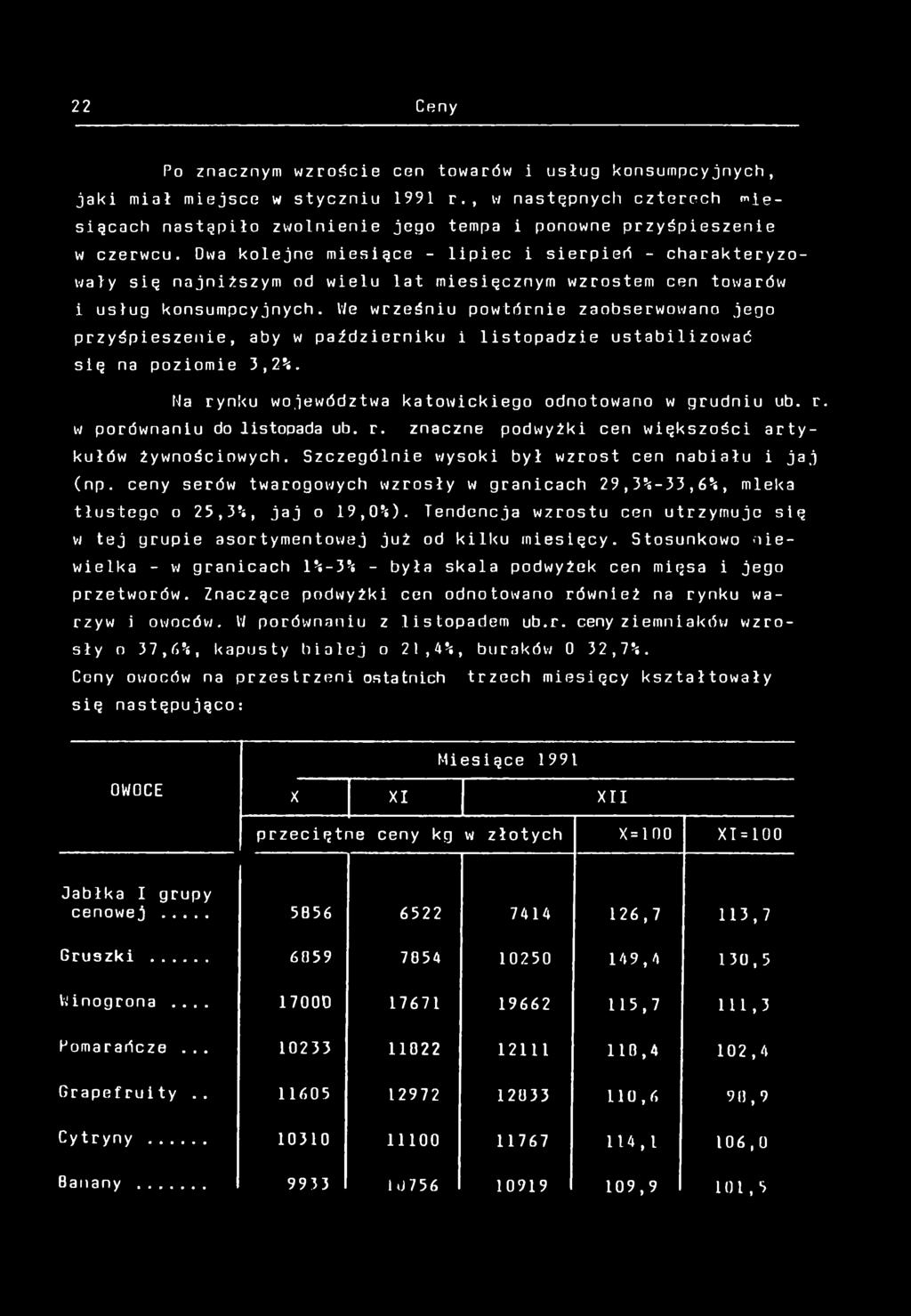 We wrześnu powtórne zaobserwowano jego przyśpeszene, aby w paźdzernku lstopadze ustablzować sę na pozome 3,2%. Na rynku województwa katowckego odnotowano w grudnu ub. r. w porównanu do lstopada ub. r. znaczne podwyżk cen wększośc artykułów żywnoścowych.