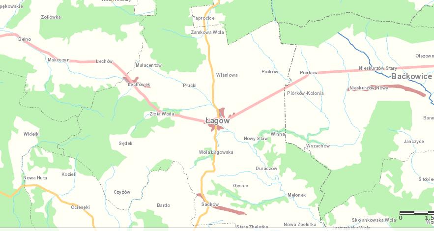 Zagrożenie powodziowe Gmina Łagów nie leży na terenach zalewowych o czym świadczy poniższa mapa. Mapa 2 Zagrożenie powodziowe na terenie Gminy Łagów Źródło: http://mapy.isok.gov.