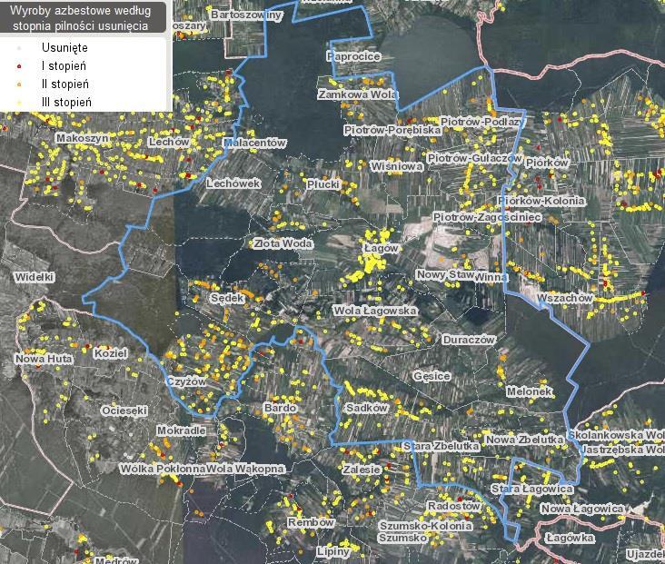 Mapa nr 2 Obszary gminy na których występuje azbest Źródło: http://esip.bazaazbestowa.gov.pl/geoserwis.html Tabela 23 Inwentaryzacja azbestu na terenie Gminy Łagów w podziale na sołectwa L.p. Nazwa sołectwa Ilość wyrobów azbestowych [m ² ] % 1.