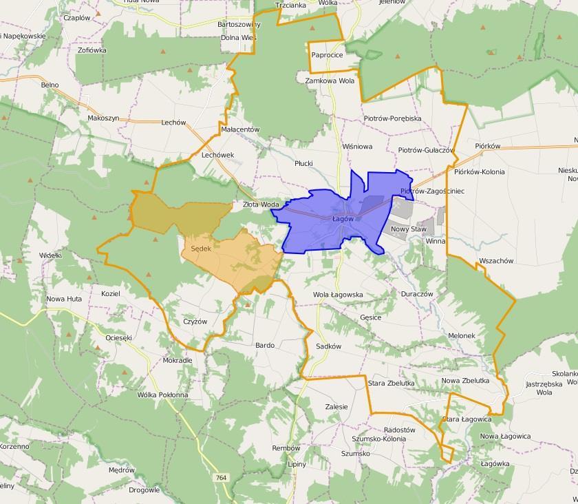 Mapa nr 7 Obszar rewitalizacji obejmujący sołectwo Łagów i Sędek na tle gminy