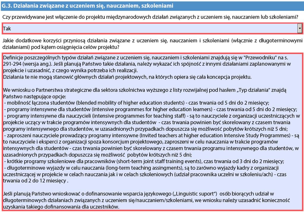 G.3. Działania związane z uczeniem się/nauczaniem/szkoleniami (Learning/Teaching/Training Activities) Należy wybrać sektor edukacji w