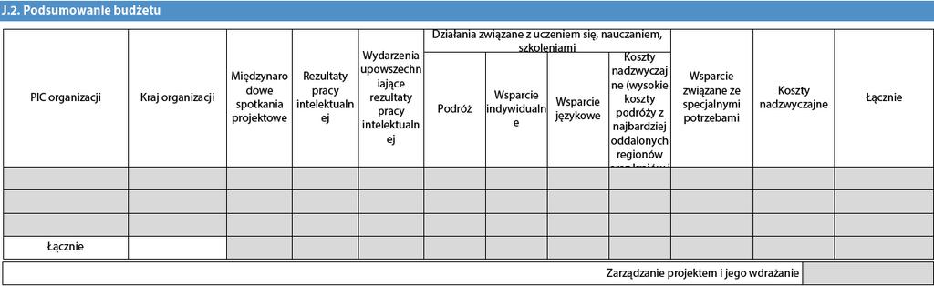 J.2 Podsumowanie budżetu (Budget Summary) Ta część wypełnia się automatycznie na podstawie danych wprowadzonych do części I wniosku budżet. J.2.1