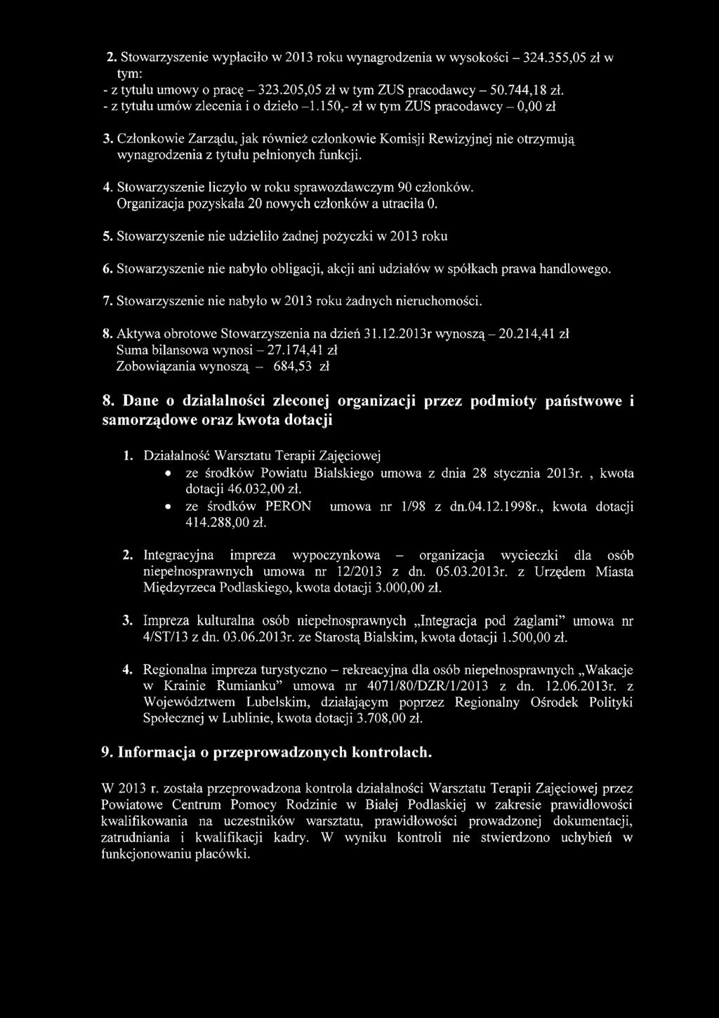 4. Stowarzyszenie liczyło w roku sprawozdawczym 90 członków. Organizacja pozyskała 20 nowych członków a utraciła 0. 5. Stowarzyszenie nie udzieliło żadnej pożyczki w 2013 roku 6.