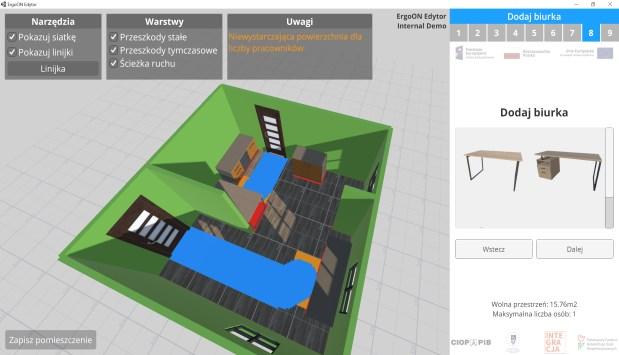 wirtualnego środowiska pracy (krzesła, fotele, stoły, komputery, monitory, ściany, itp.). Projektowanie środowiska pracy jest realizowane w kolejnych etapach obejmujących m.in.