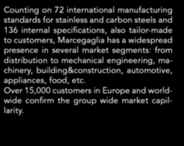 manufacturing standards for stainless and carbon steels and 136 internal specifications, also tailor-made to customers, Marcegaglia has a widespread presence in several market segments: from