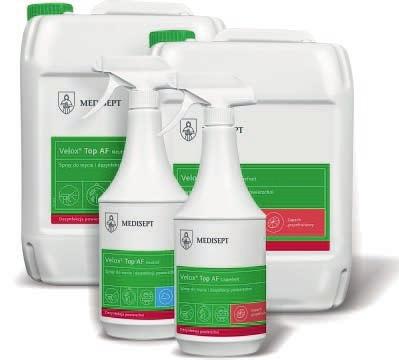 Velox Top AF Spray do mycia i dezynfekcji powierzchni Działa już od na bakterie, grzyby, prątki grulicy, wirusy otoczkowe, Adeno, Rota Zalecany do aparatury j, sprzętu rehabilitacyjnego, końcówek