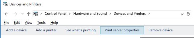 1/Windwos 8/Windows 7 Kliknij ikonę drukowania, a następnie kliknij Właściwości serwera drukowania z wyświetlanego menu.
