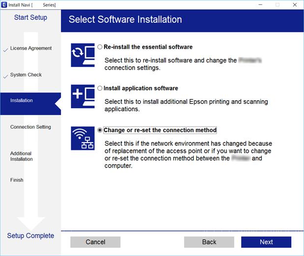Ustawienia sieciowe Zaznacz opcję Zmień lub ustaw ponownie metodę połączenia na ekranie Wybierz instalację oprogramowania, a następnie kliknij przycisk Dalej.