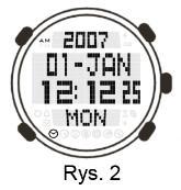 Tryb zegarka, tryby A i B 1. Tryb A Górna część wyświetlacza zawiera rok, środkowa datę i godzinę, dolna - dzień tygodnia (rysunek 2) 2.
