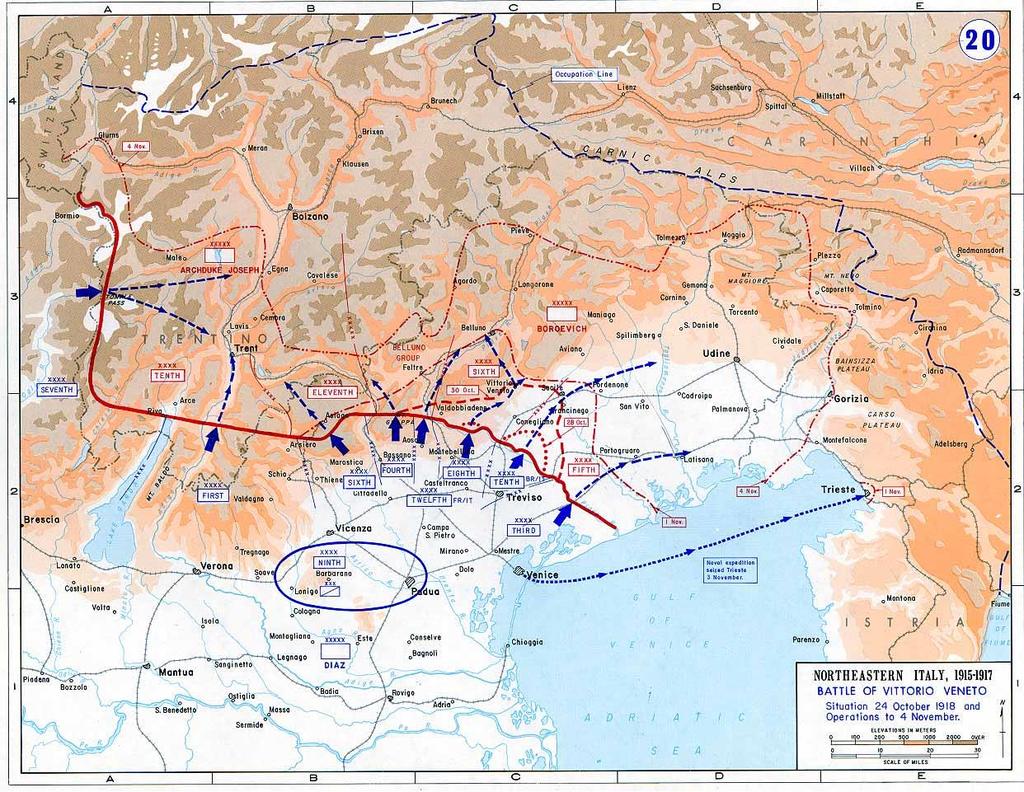 BITWA NAD PIAWĄ I VITTORIO VENETO Austro-Węgry (pozbawione pomocy Cesarstwa Niemieckiego) 15 czerwca 1918 rozpoczęły próbę przełamanie obrony włoskiej nad Piawą.