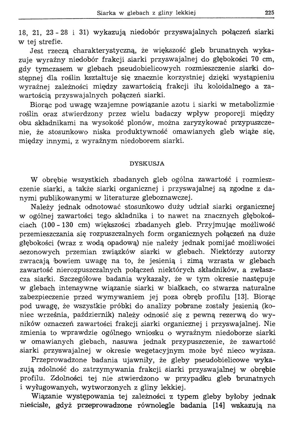 Siarka w glebach z gliny lekkiej 225 18, 21, 23-28 i 31) wykazują niedobór przyswajalnych połączeń siarki w tej strefie.