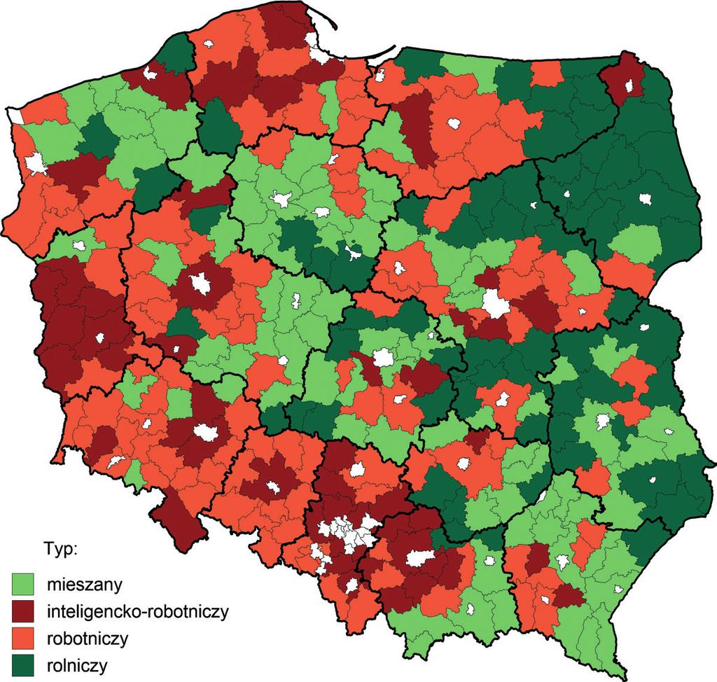 KONCEPCJA LES ESPACES SOCIAUX LOCALISÉS 51 Mapa 1. Przestrzenne rozmieszczenie typów struktury społeczno-zawodowej (według powiatów) Źródło: M. Halamska, R. Hoffmann, M.
